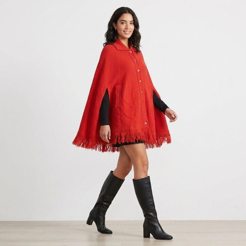 VTG 70s A Sweetree Original Red Knit Fringe Cape Poncho Button Front Arm Slots